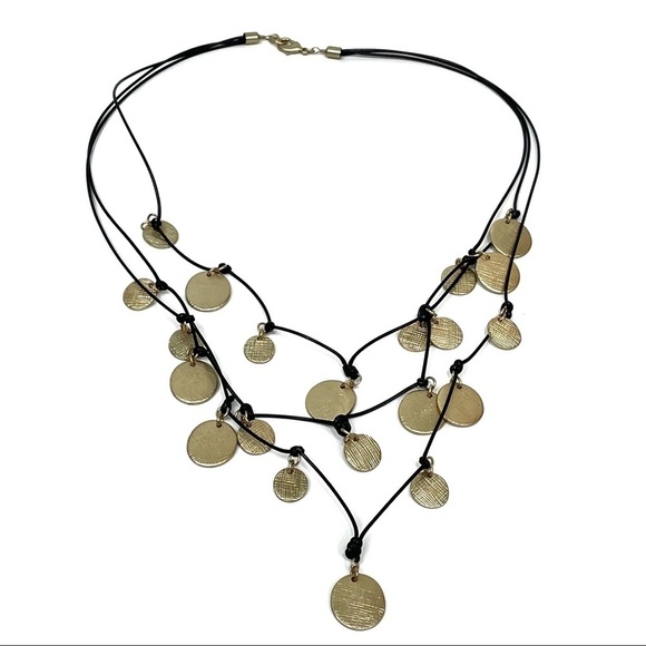 Anthropologie Multi Layer Black and Gold Pendant Necklace Statement Necklace - Picture 5 of 12